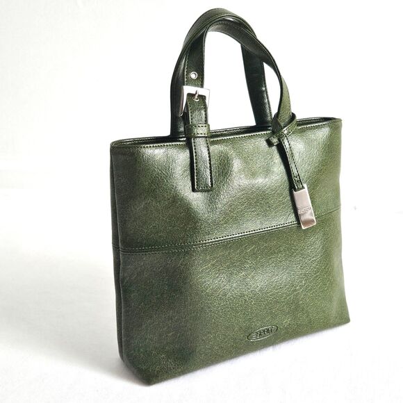 VTG ESPRIT Small Hand Tote Satchel Army Green Faux Leather Silver - Picture 1 of 9
